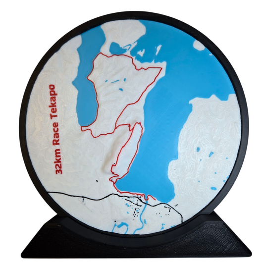 Circular map with a red line and '32km Race Tekapo' text on a white background